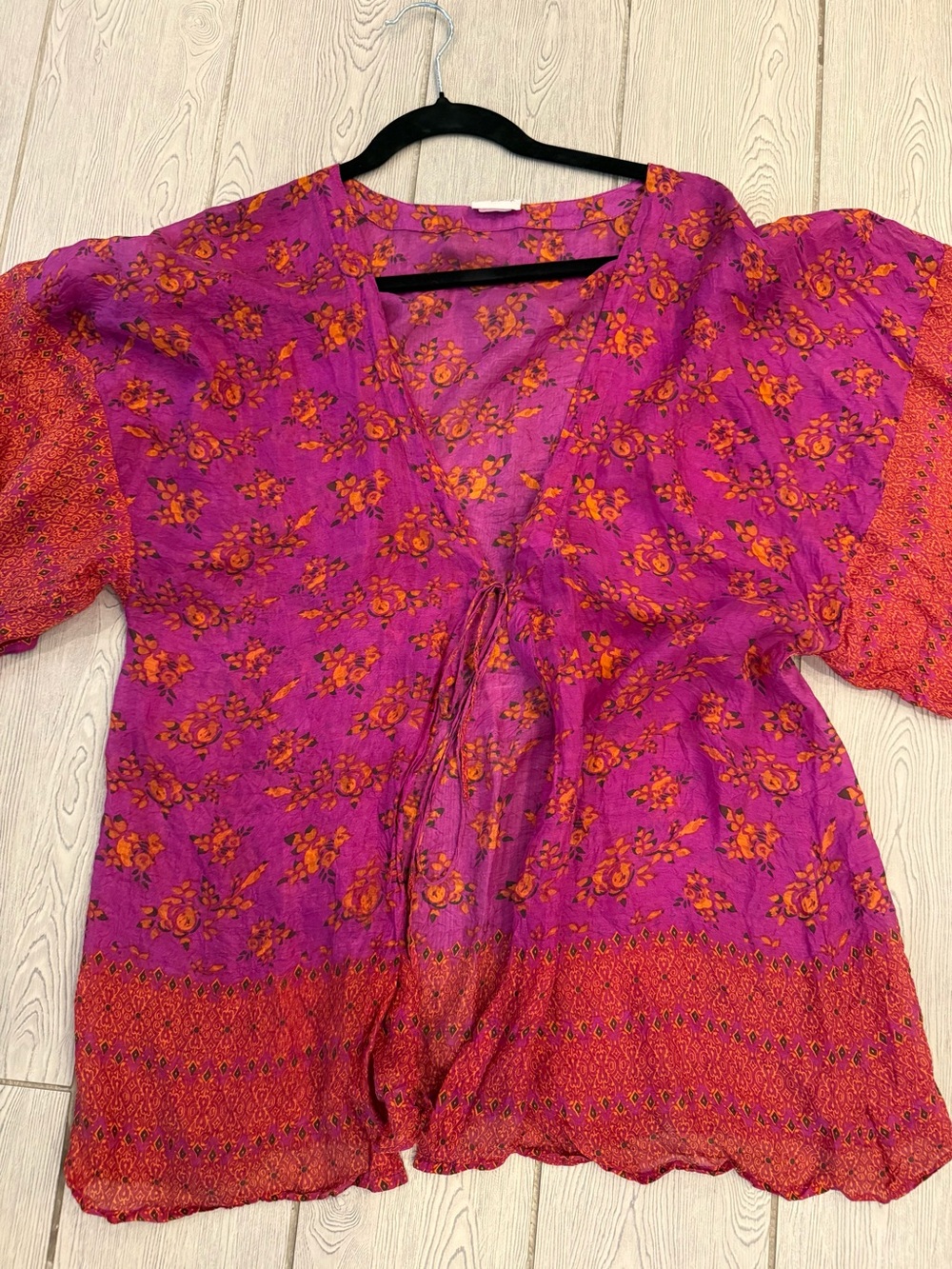 NL 100% Silk Kimono short, orange and fuchsia